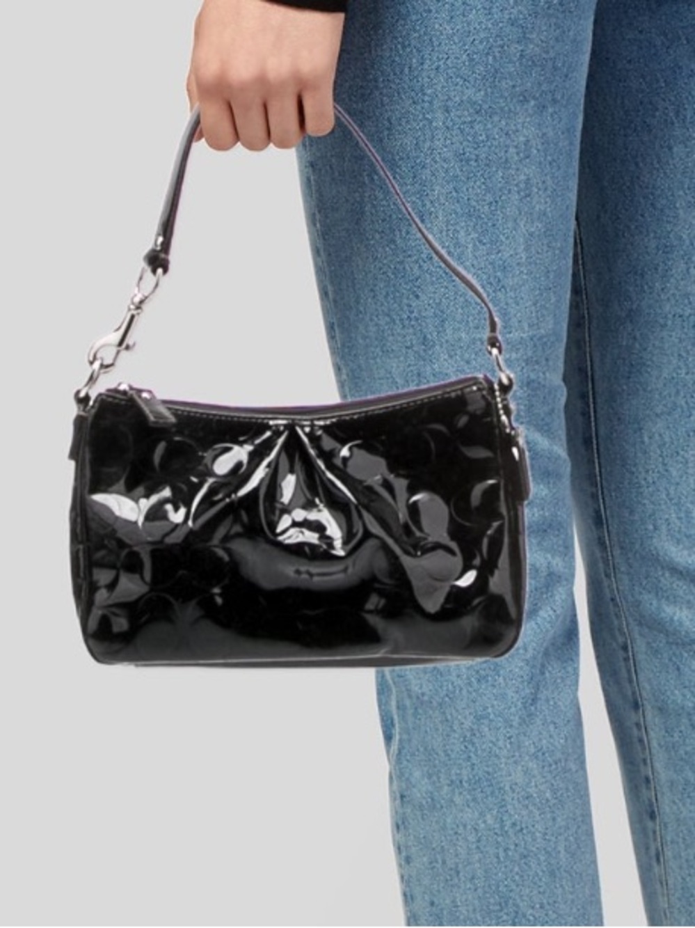 Coach Patent Leather Pleat Y2K Signature Embossed Shoulder Bag Black